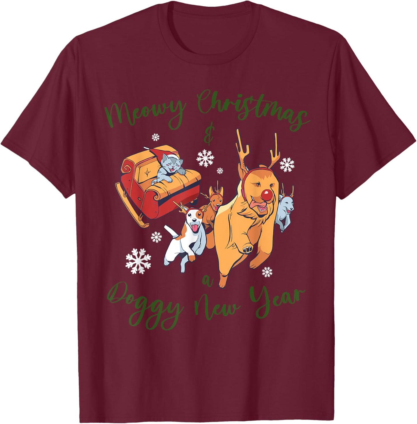 Dog with Cat on Christmas Men Women T-Shirt - T-Shirt | Maroon