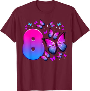 Geburtstag Mädchen 8 Jahre alt, Schmetterling, Nummer 8 T-Shirt - T-Shirt | Maroon