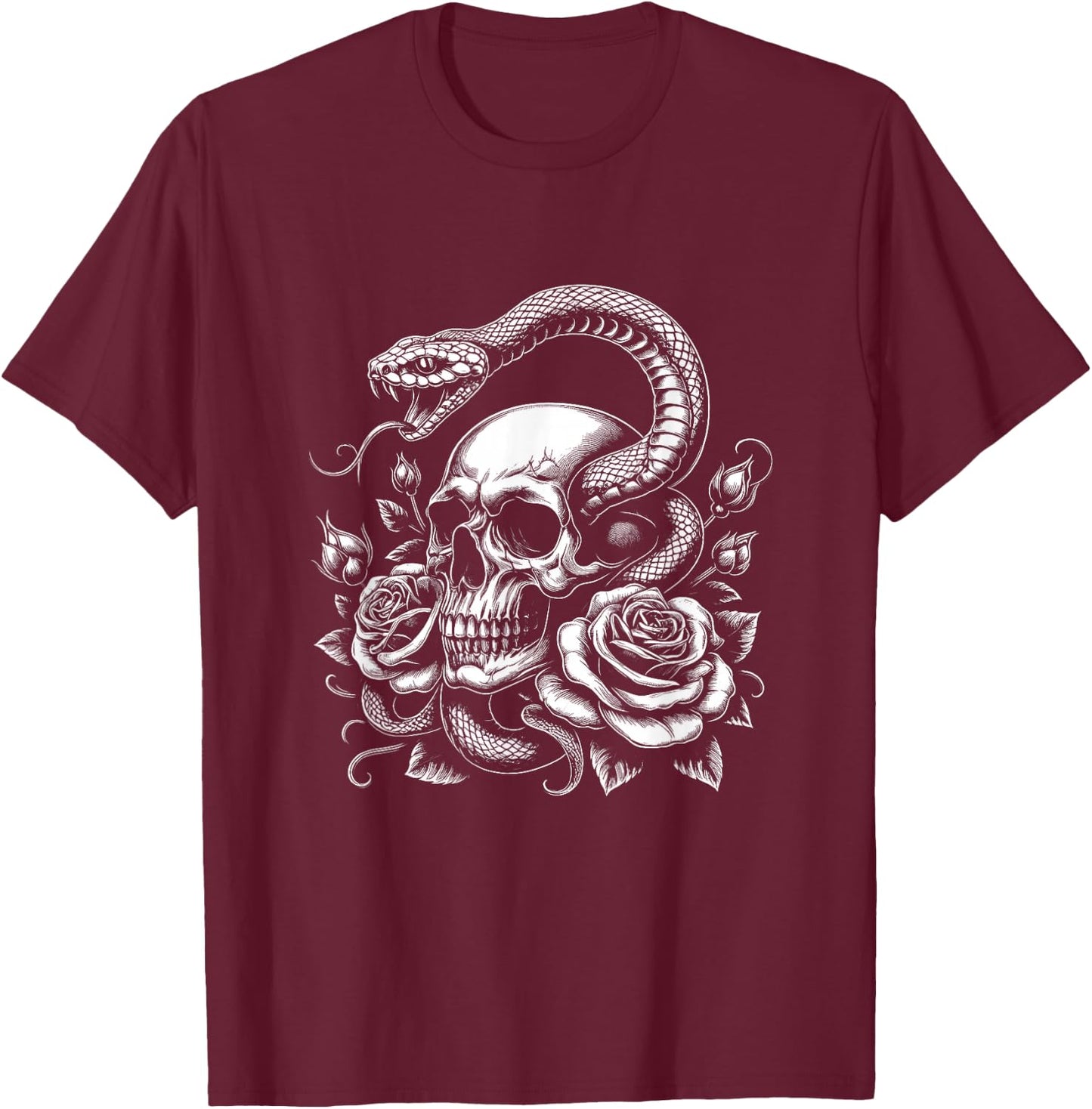 Skull Snake Graphic Rose Flower Art Design T-Shirt - T-Shirt | Maroon