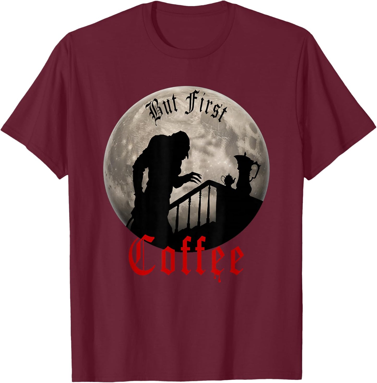 Lustiger Dracula Horror - But First Coffee Gothic Vampir Fans T-Shirt - T-Shirt | Maroon