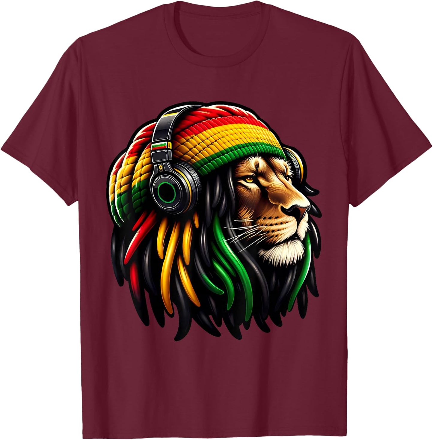 Jamaican Reggae Lion of Judah Rastafari Lion , black T-Shirt - T-Shirt | Maroon