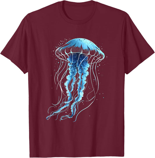 Jellyfish Motif Marine Mammal Sea Ocean Animal Artwork T-Shirt - T-Shirt | Maroon