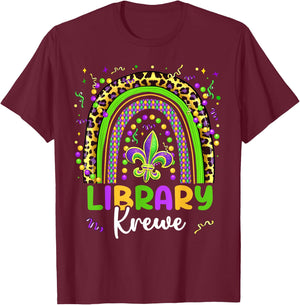 Mardi Gras Library Krewe Rainbow Librarian Parade Festival T-Shirt - T-Shirt | Maroon