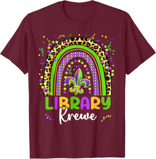 Mardi Gras Library Krewe Rainbow Librarian Parade Festival T-Shirt - T-Shirt | Maroon
