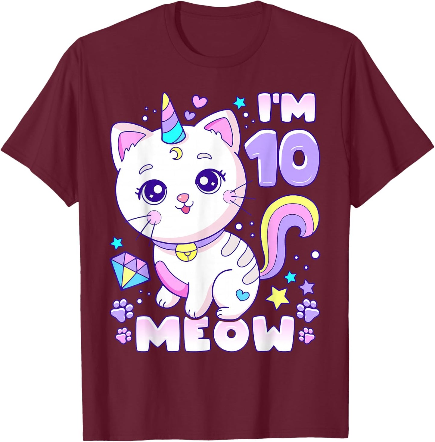 Birthday girl 10 years old, cat, unicorn, 10th birthday T-Shirt - T-Shirt | Maroon