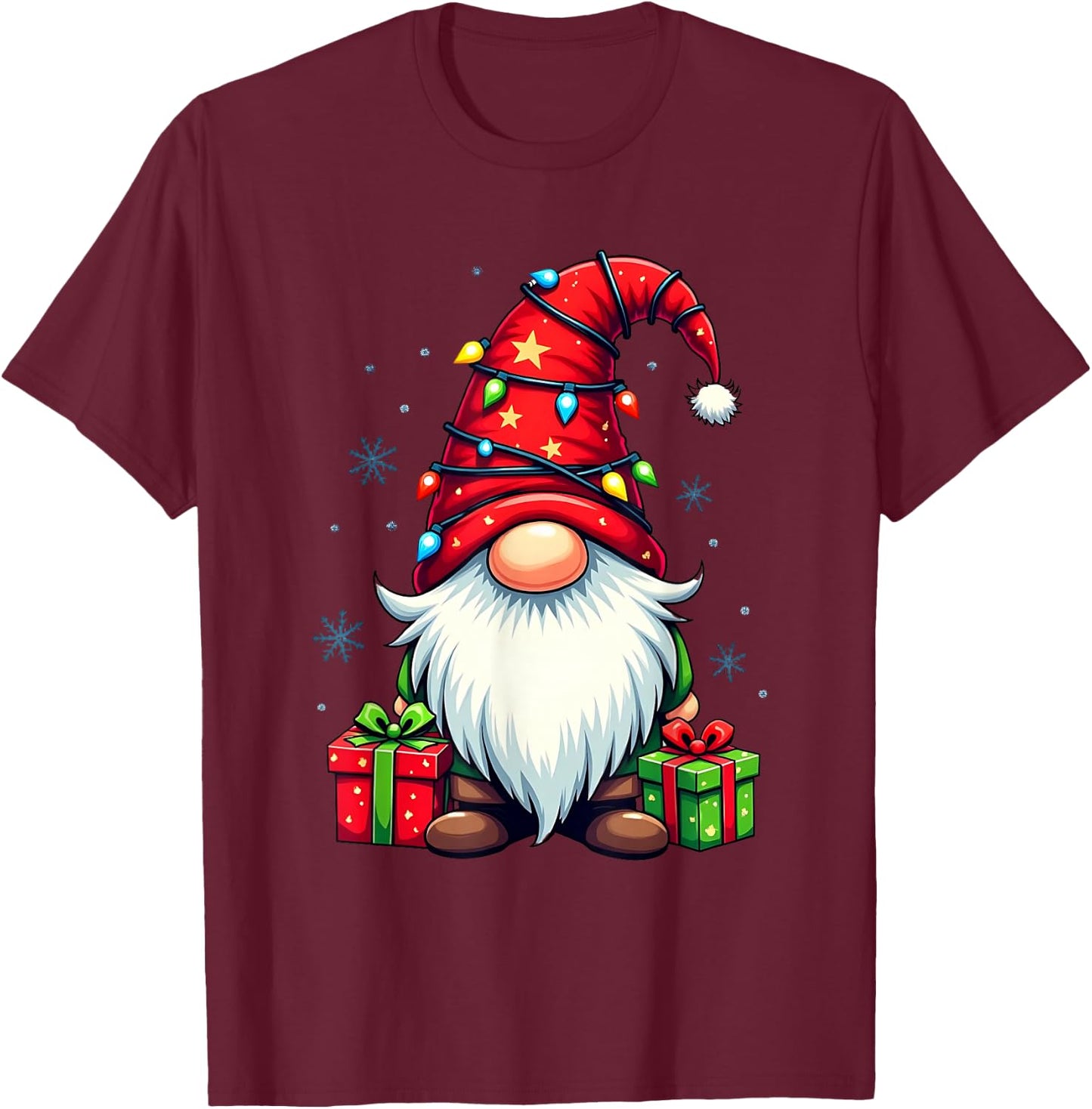 Festive Christmas Gnome with Lights and Snowflakes , black T-Shirt - T-Shirt | Maroon
