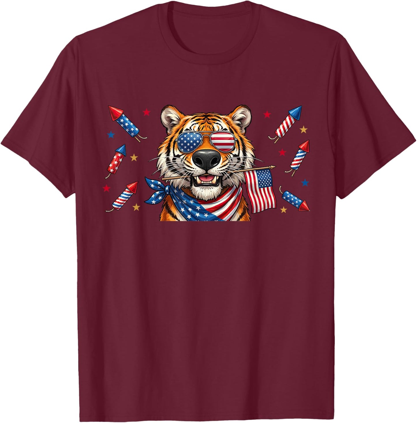 Funny Tiger American USA Flag Memorial Day 4th of July T-Shirt - T-Shirt | Maroon