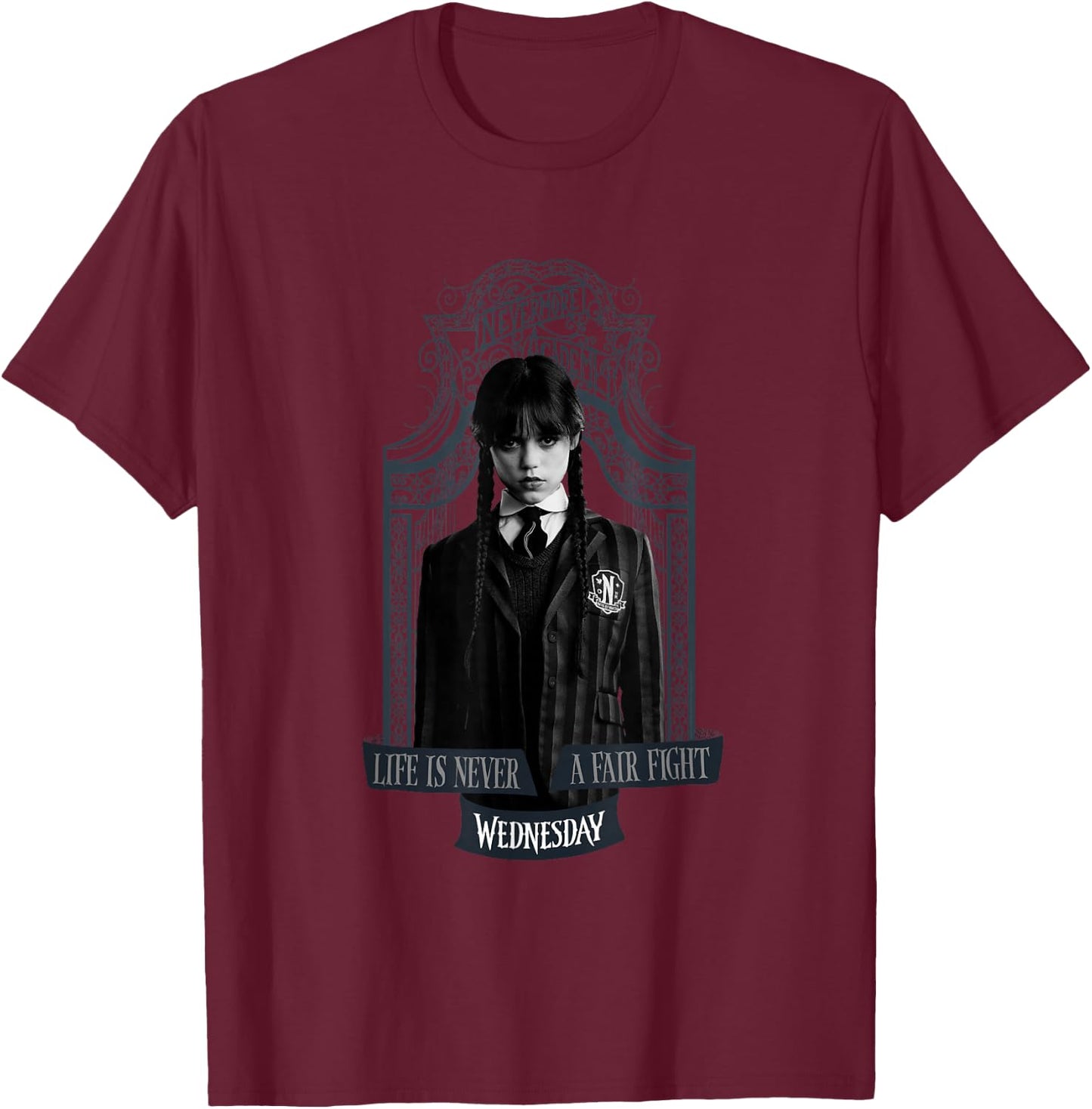 with German Text "Wednesday Das Leben ist niemals ein fairer Kampf" (German Language), black T-Shirt - T-Shirt | Maroon