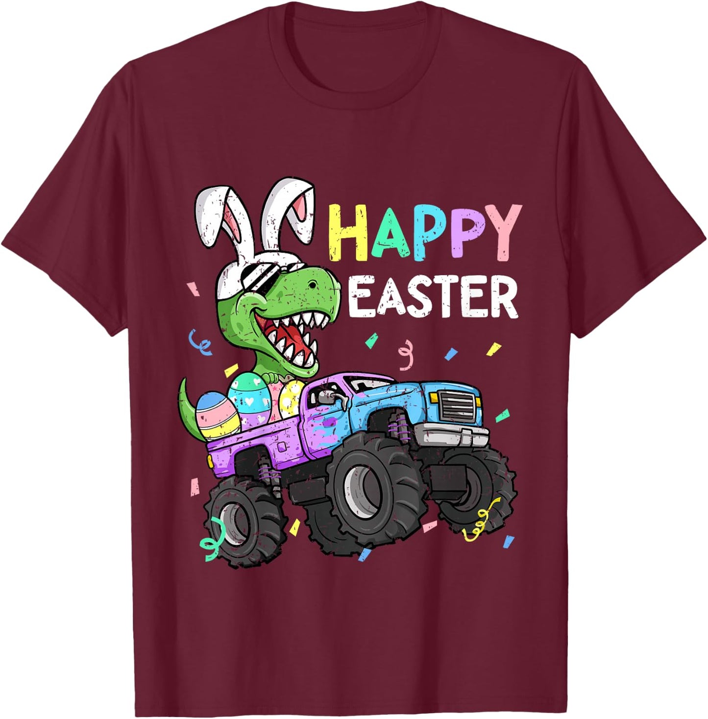 Kids Boys Happy Easter T-Rex Bunny Monster Truck Rabbit Ears T-Shirt - T-Shirt | Maroon