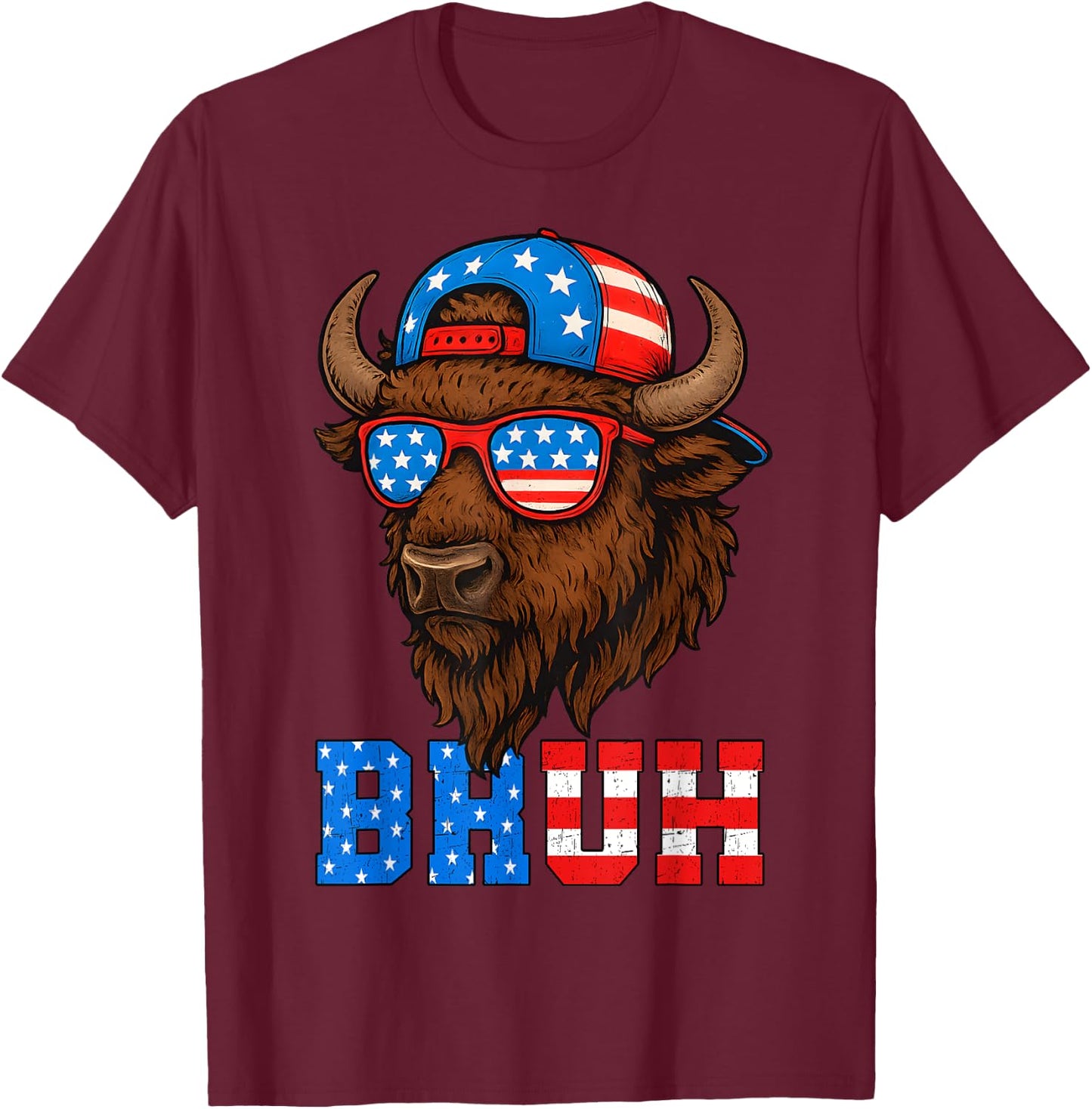 Funny Bison Bruh Patriotic 4th Of July Men Boys Kids T-Shirt - T-Shirt | Maroon