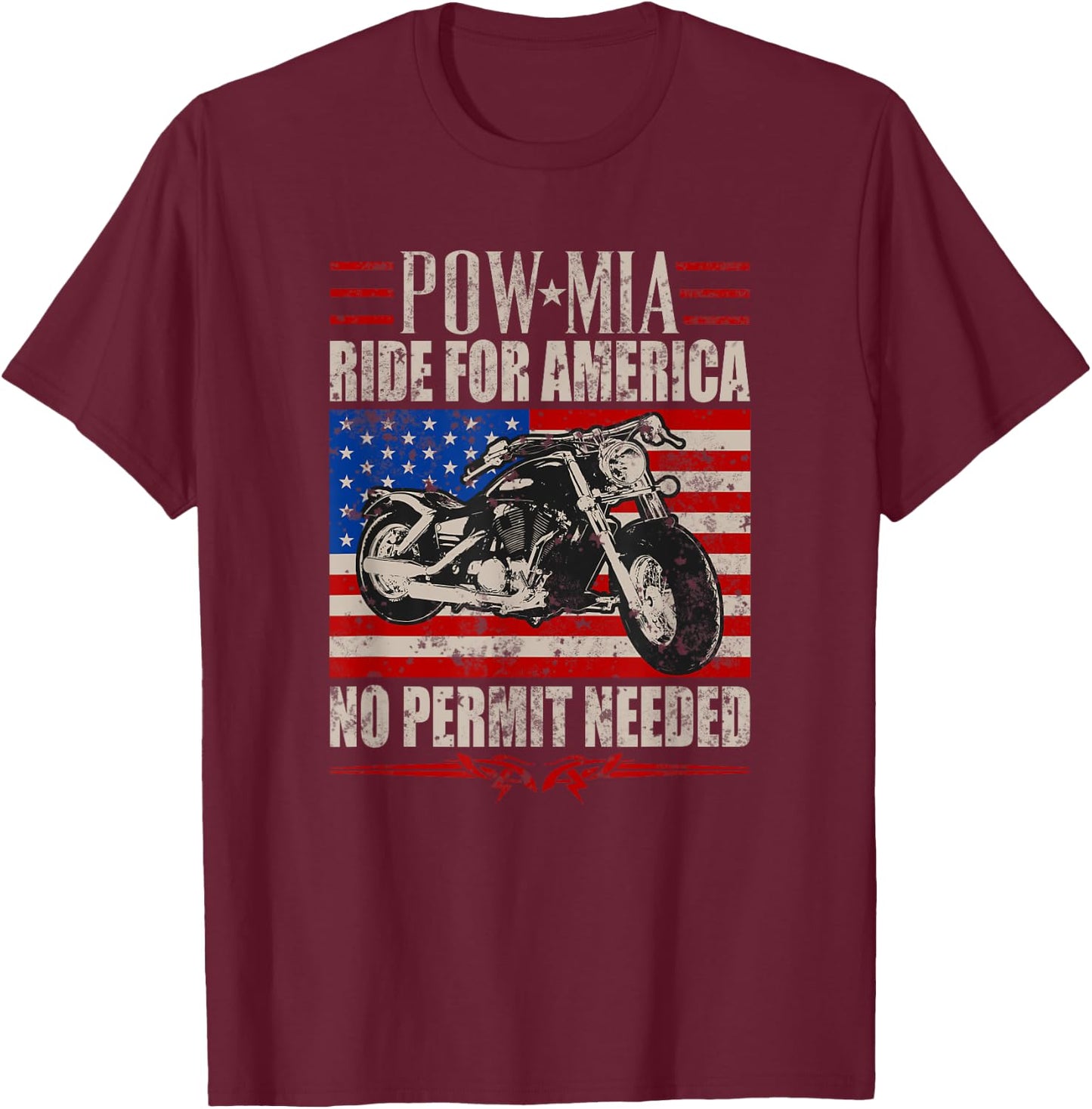Veteran Pow Mia Motorcycle Ride 2021 Biker Support T-Shirt - T-Shirt | Maroon