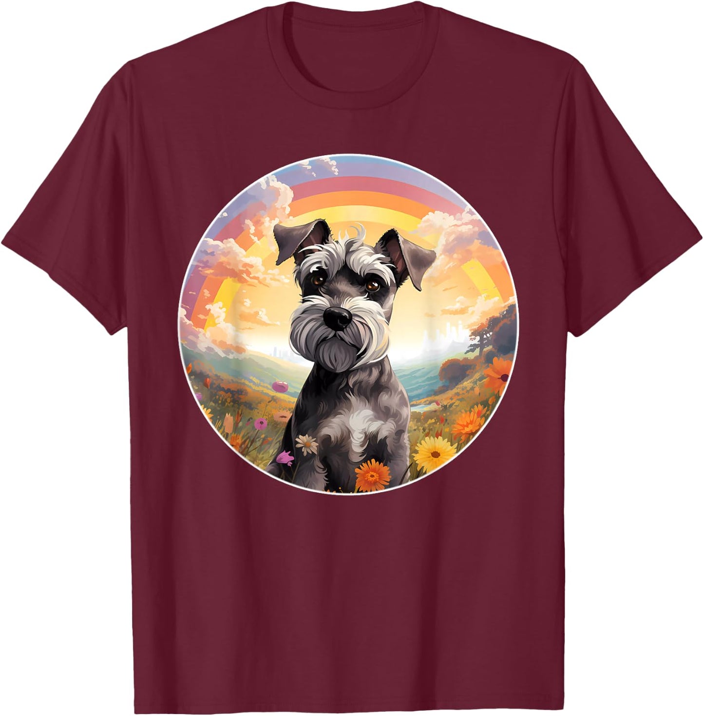 Miniature Schnauzer Lover Cute Rainbow Bridge Puppy Dog Art T-Shirt - T-Shirt | Maroon