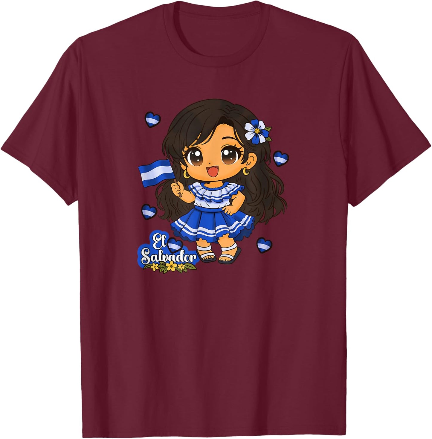 El Salvador Girl Salvadoran Woman Bicha Hearts T-Shirt - T-Shirt | Maroon