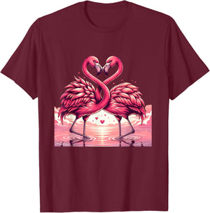 Adorable Flamingo Pair Embrace Valentine Hearts T-Shirt - T-Shirt | Maroon