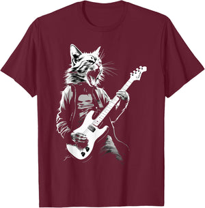 Rock Cat Playing Guitar Funny Cat T-Shirt - T-Shirt | Maroon