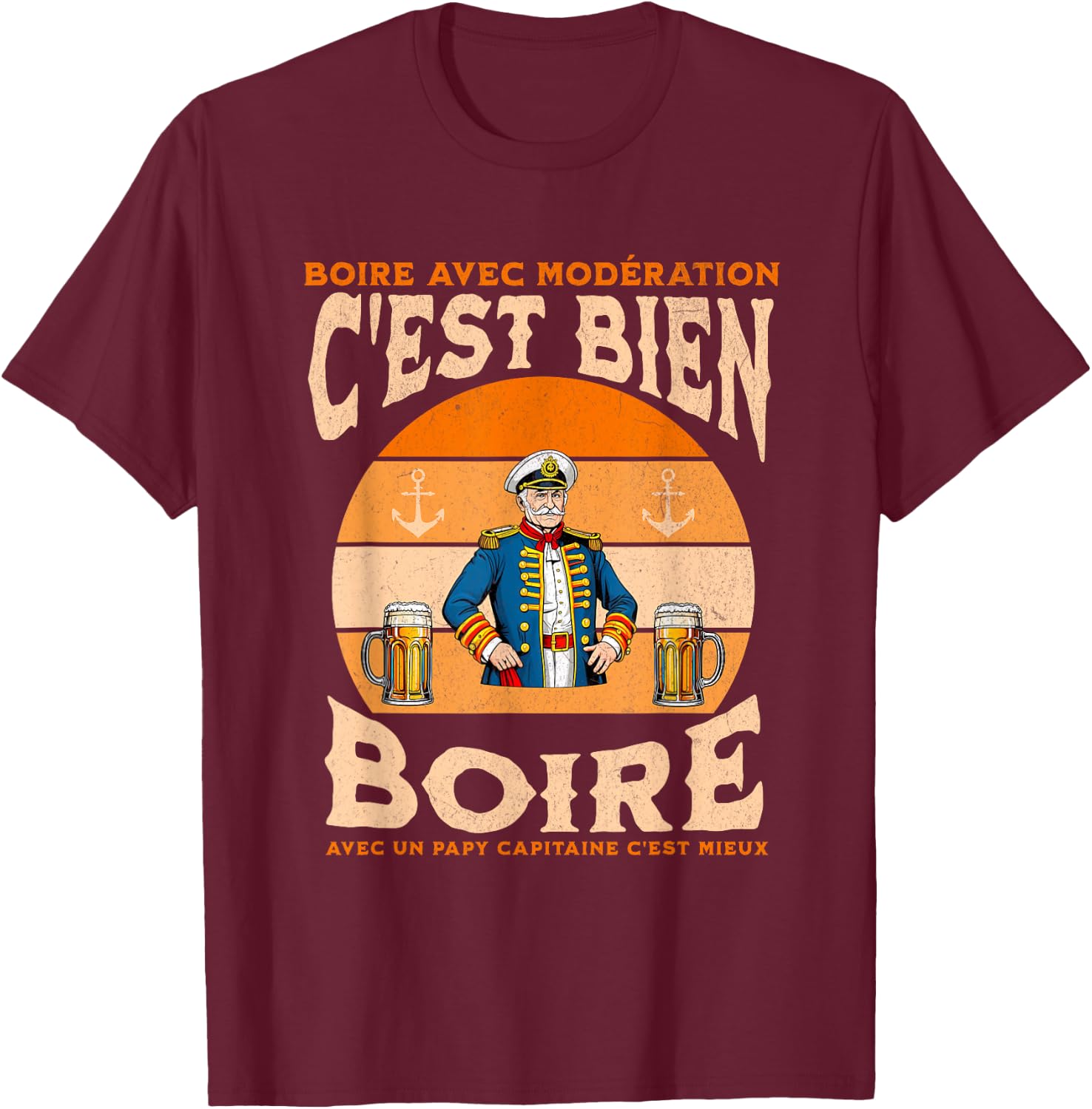 Papy capitaine bateau ancre apéro bière humour grand-père T-Shirt - T-Shirt | Maroon