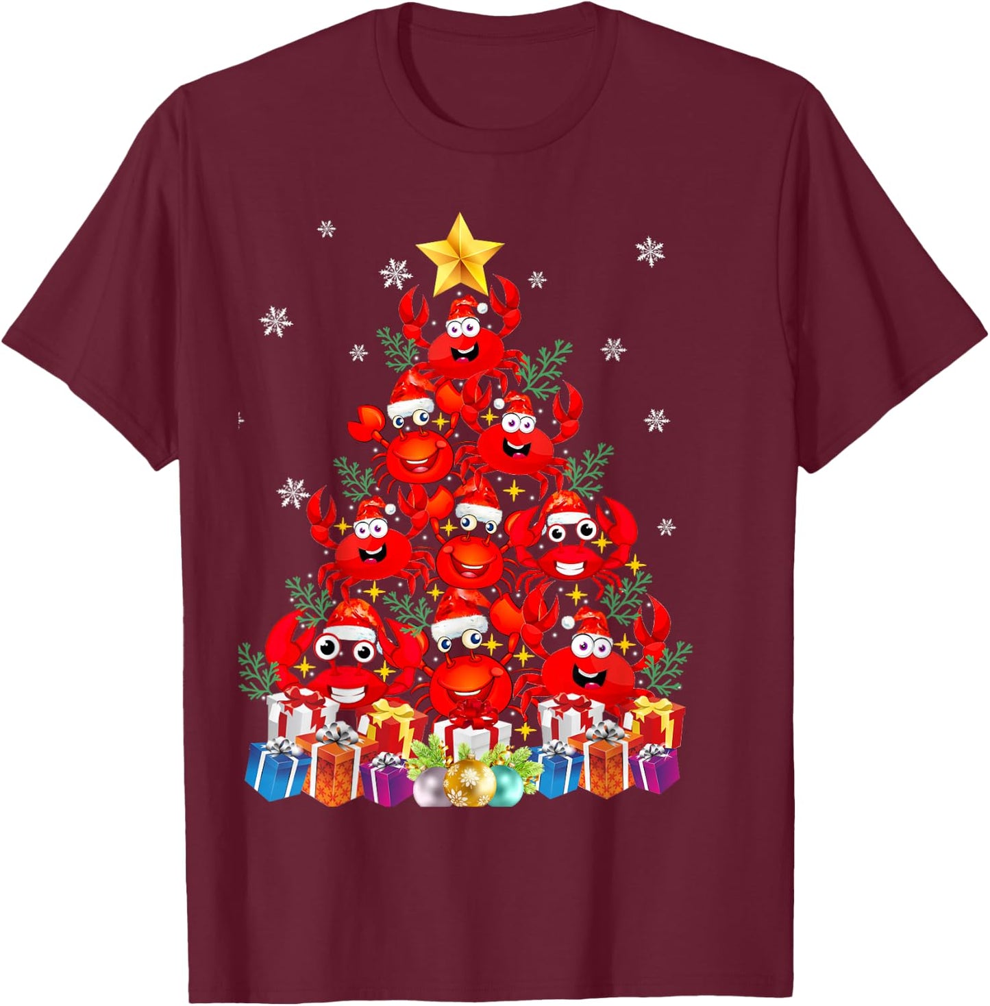 Funny Crab Christmas Tree Lights With Santa Hat T-Shirt - T-Shirt | Maroon