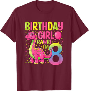 Birthday Girl Rawr I'm 8 Dinosaur 8 Years Old 8th Birthday T-Shirt - T-Shirt | Maroon