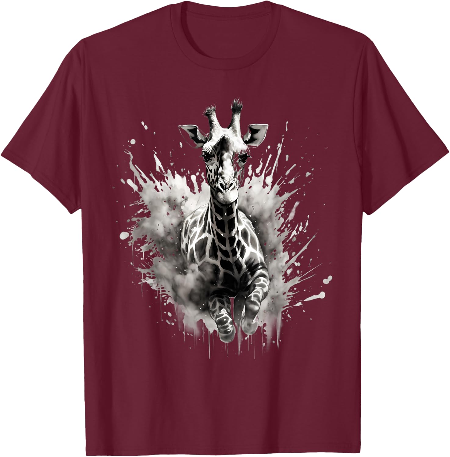 Giraffe Drawing Animal Print Splash Wildlife Safari Artwork T-Shirt - T-Shirt | Maroon