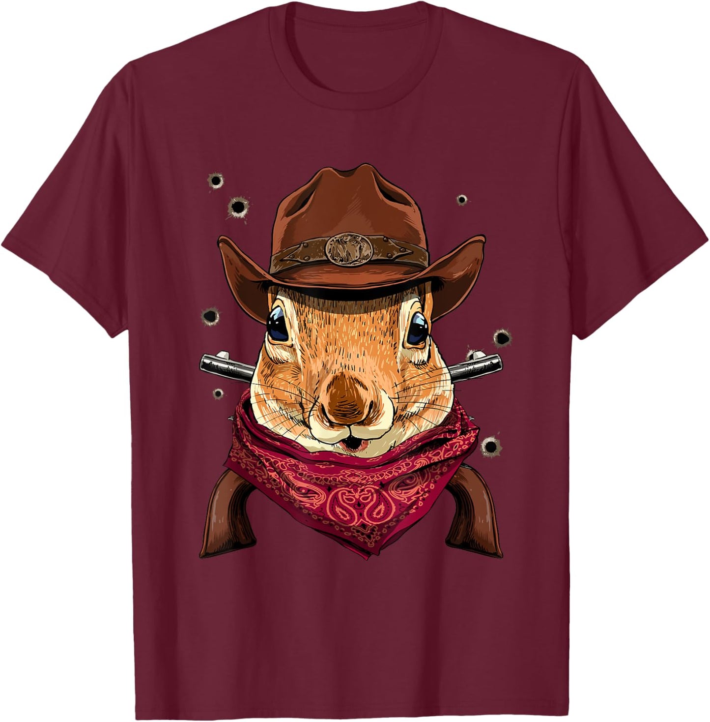 Cowboy Squirrel Western Rodeo Cowboy Hat and Bandana T-Shirt - T-Shirt | Maroon