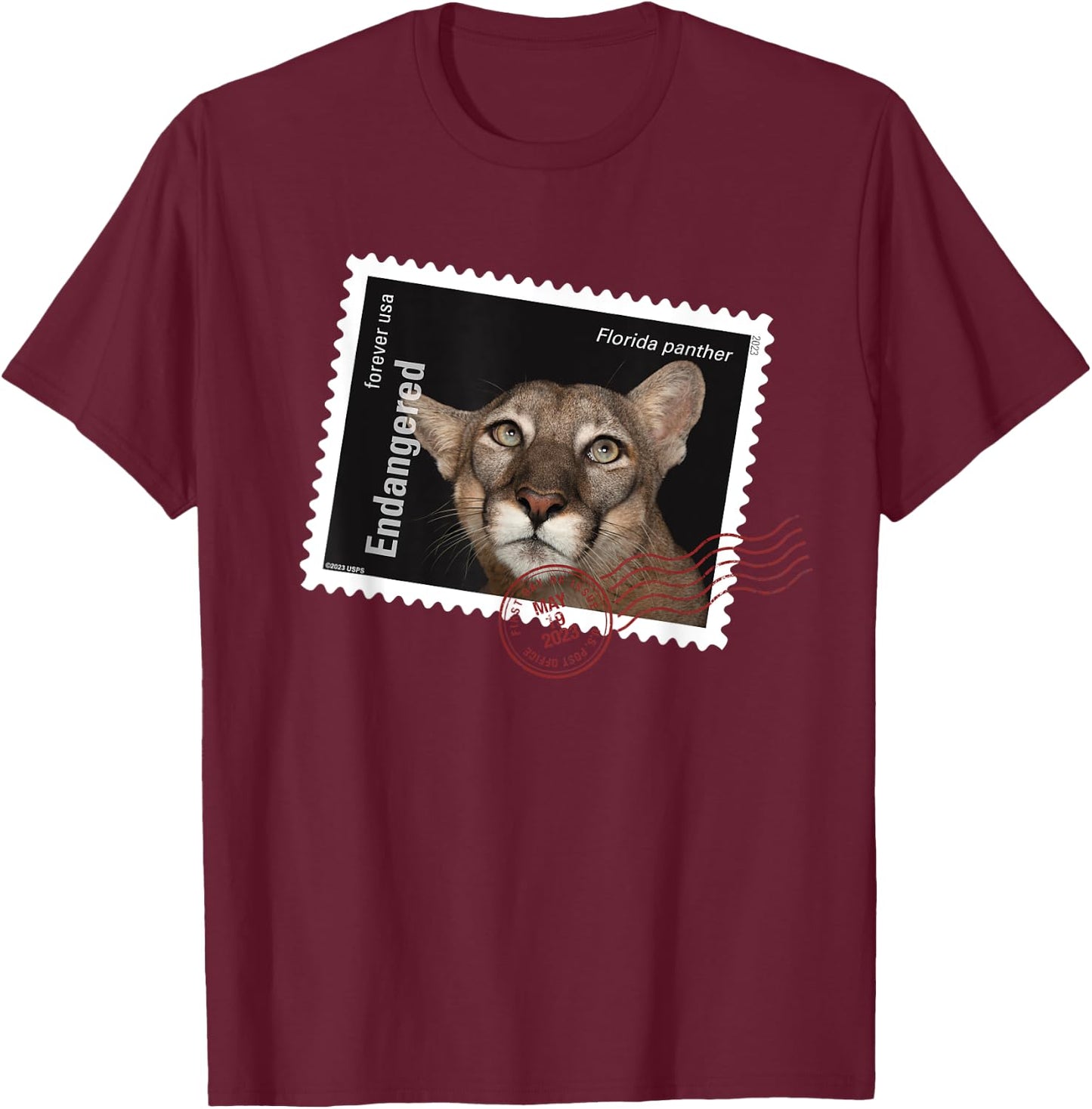 USPS Endangered Species Florida Panther Postmark T-Shirt - T-Shirt | Maroon