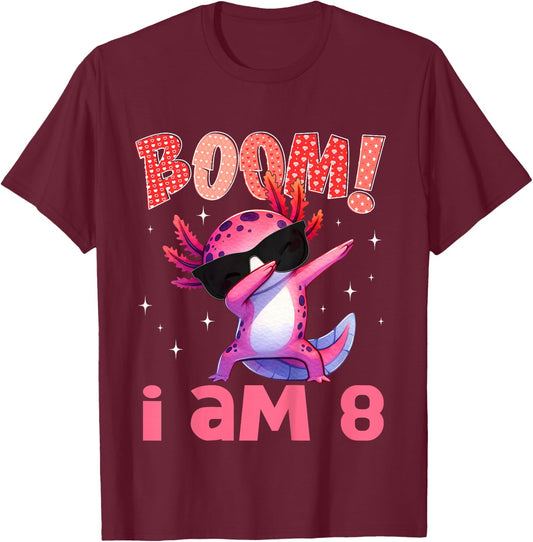 Boom I'm 8 Years Old Dabbing Axolotl 8th Birthday Kids T-Shirt - T-Shirt | Maroon