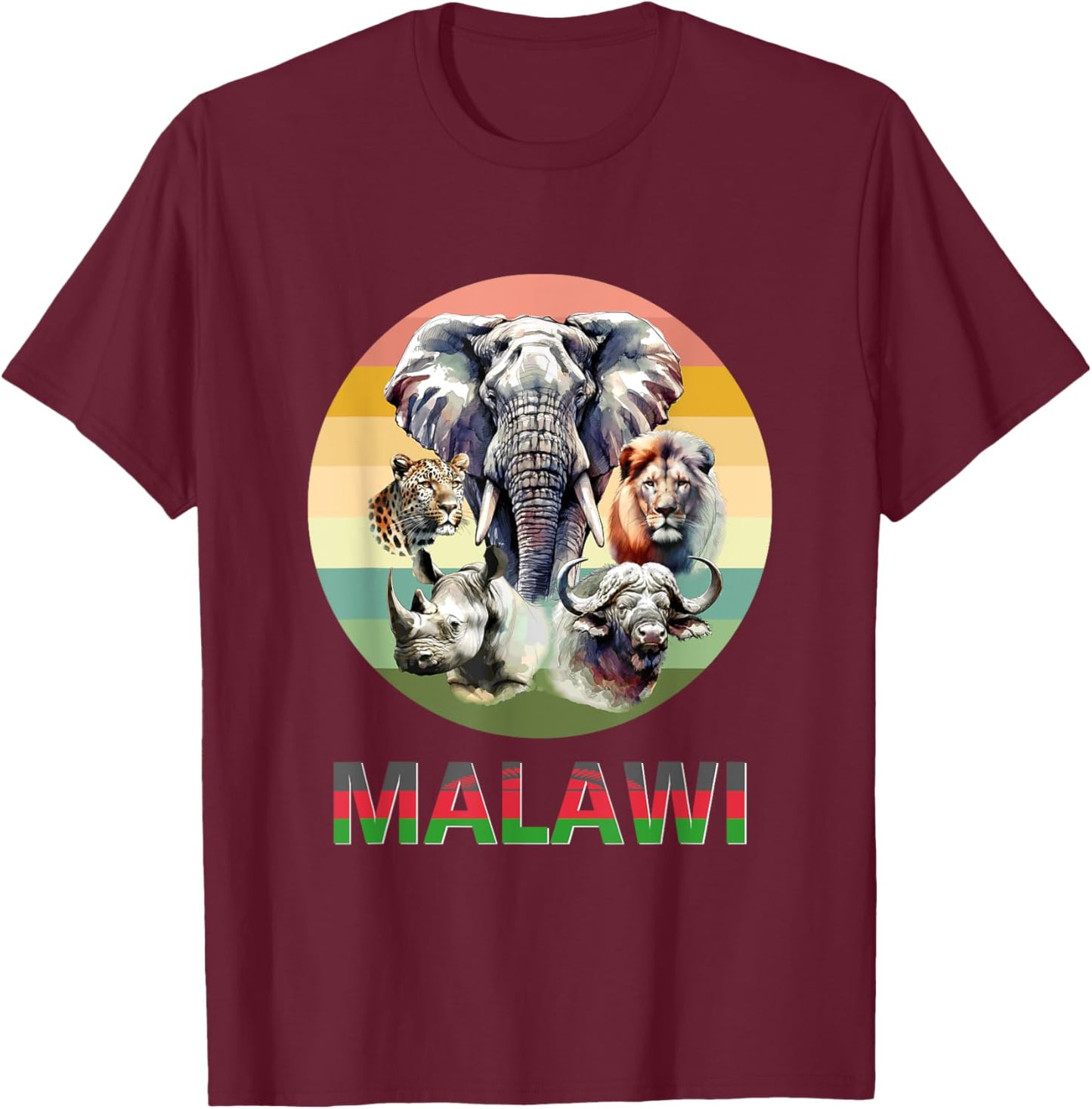 Malawi Big 5 Watercolor on Retro Sunset for Malawi Fans T-Shirt - T-Shirt | Maroon
