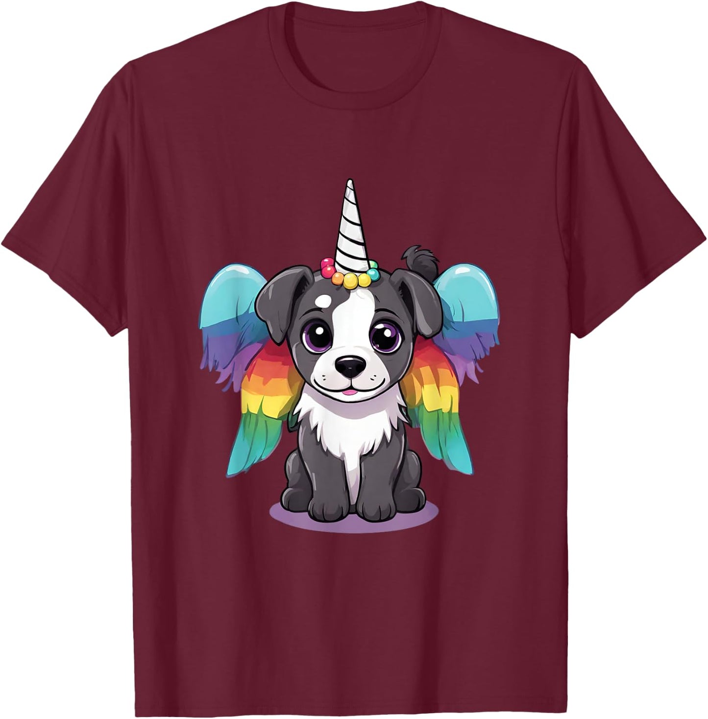 Cute Magical Unicorn Puppy Dog With Rainbow Wings Women Kids T-Shirt - T-Shirt | Maroon