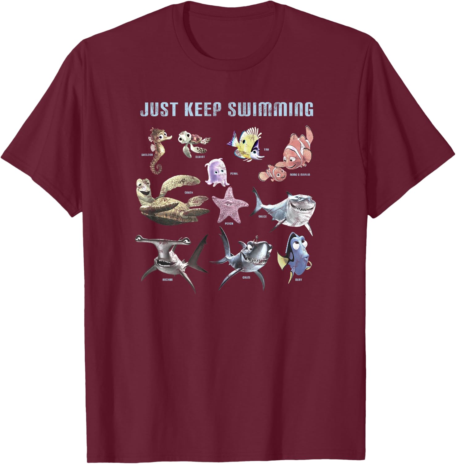 Disney Pixar Finding Nemo Group Chart Just Keep Swimming T-Shirt - T-Shirt | Maroon