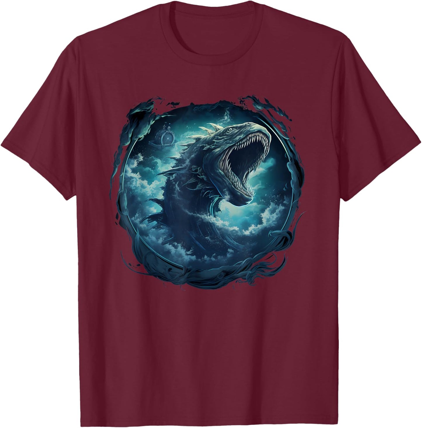 Sea Monster Leviathan Ocean Creature Vintage Art Graphic T-Shirt - T-Shirt | Maroon