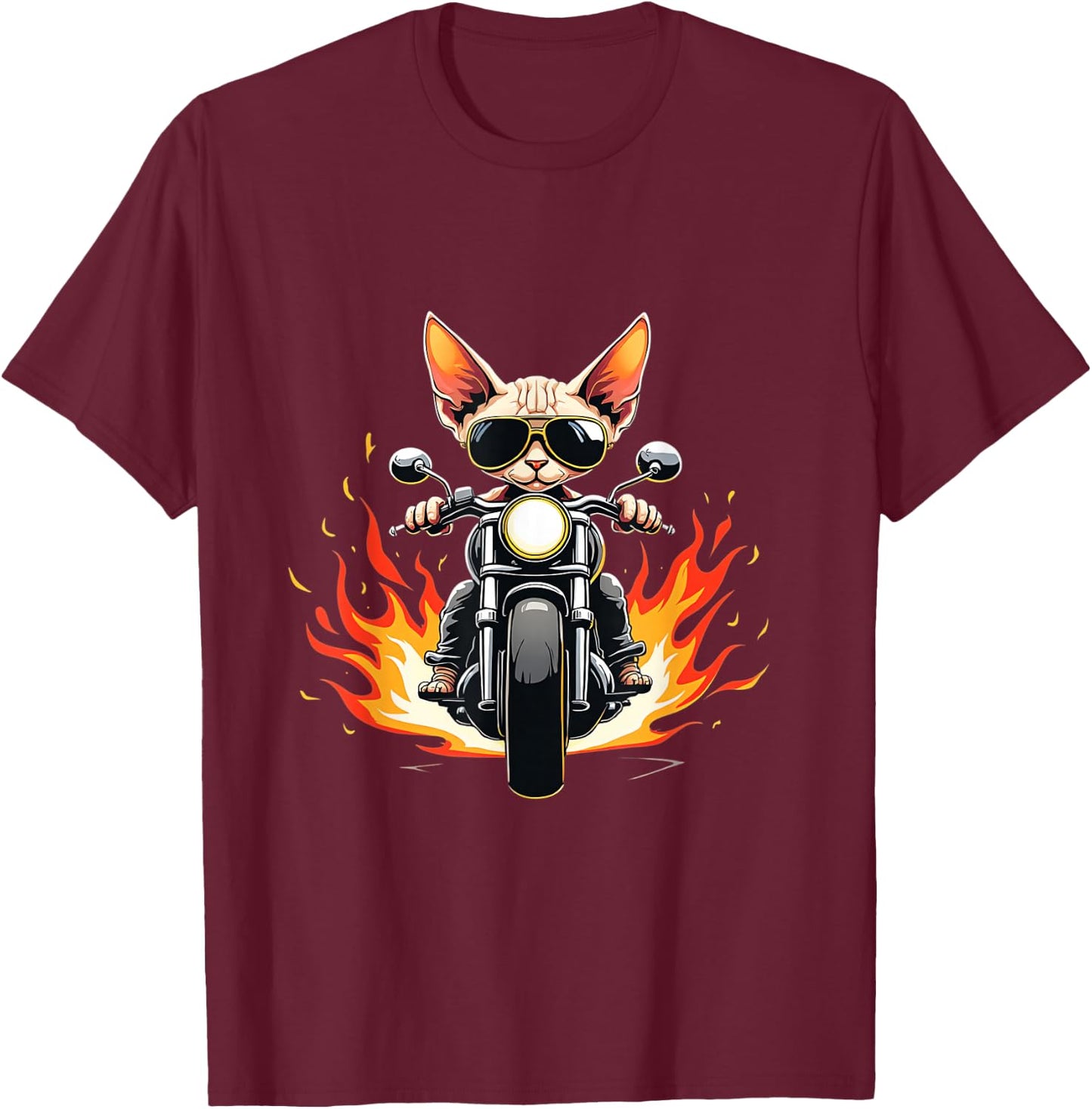 Funny Sphynx Cat Riding a Motorcycle Design Sphynx Cat Lover T-Shirt - T-Shirt | Maroon