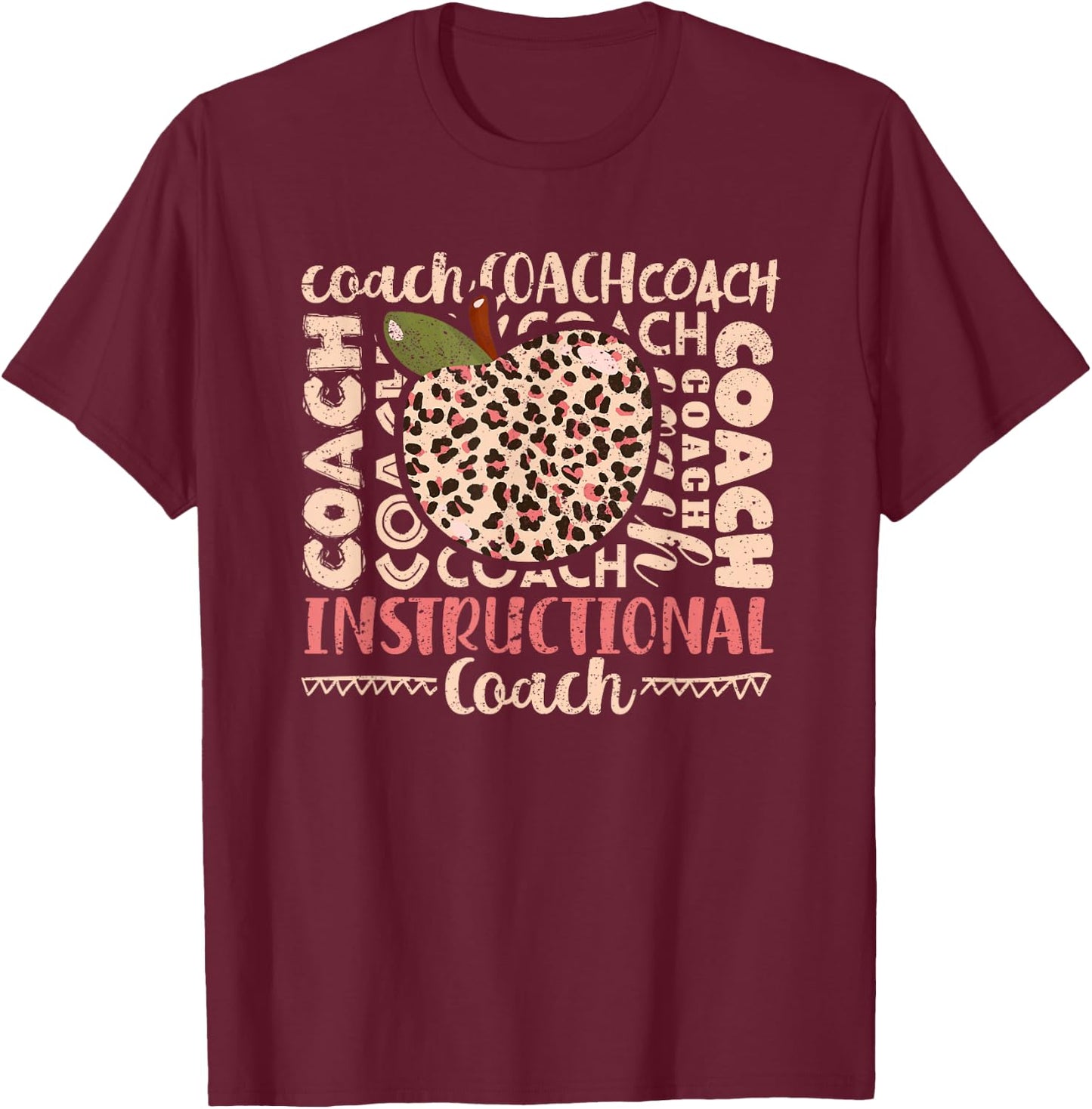 Bleached Leopard Instructional Coach Typography Teacher T-Shirt - T-Shirt | Maroon