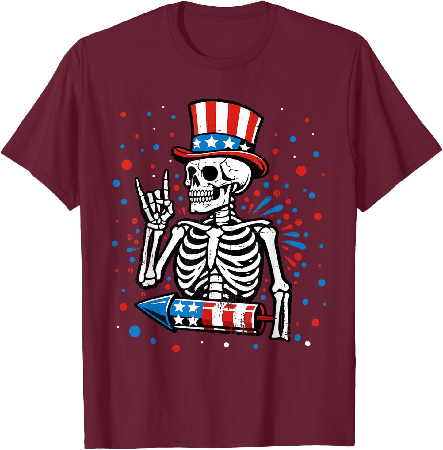 4th of July Skeleton Patriotic Rock USA Flag Men Boys Kids T-Shirt - T-Shirt | Maroon