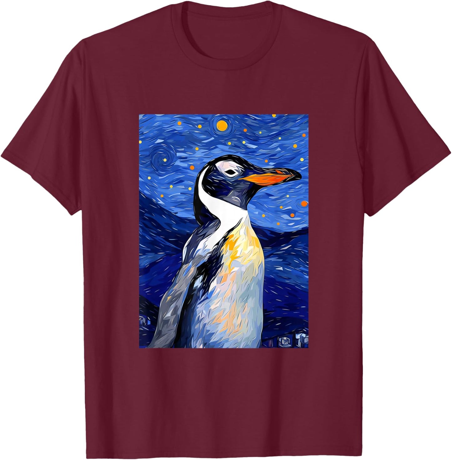Gentoo Penguin Starry Night Painting Men Women Kids T-Shirt - T-Shirt | Maroon