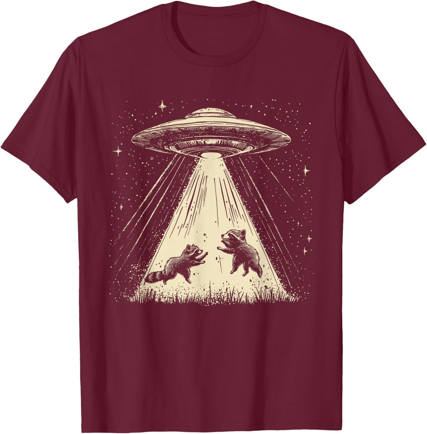 Bad Attitudes Retro UFO Raccoon Space Alien Raccoon Sci-Fi T-Shirt - T-Shirt | Maroon