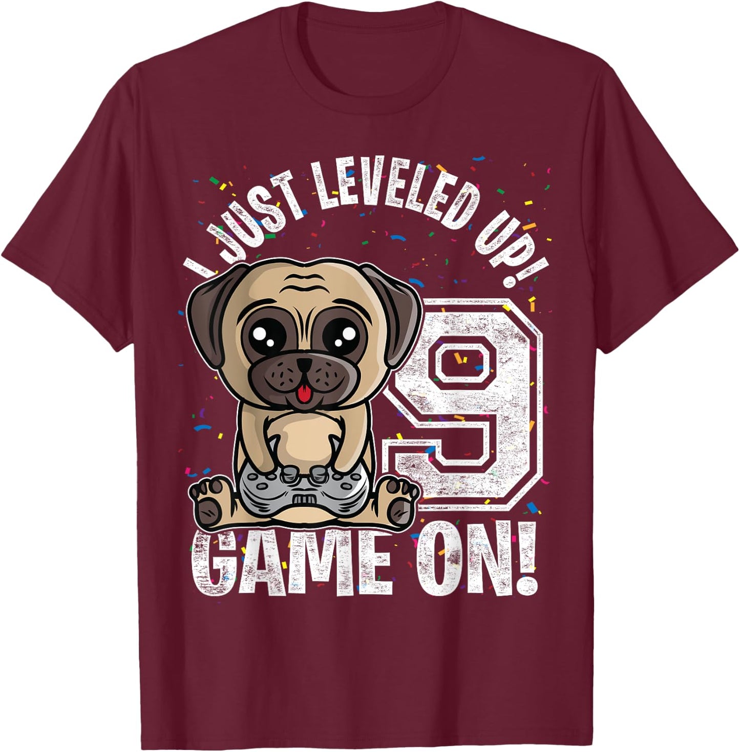 9 Years Old 9th Birthday Pug Dog Boy Girl Gifts Video Game T-Shirt - T-Shirt | Maroon