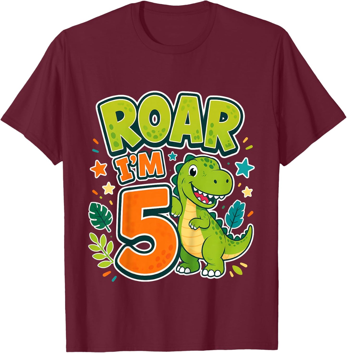 Kids Roar Im 5 Dinosaur Birthday Kids T-Shirt - T-Shirt | Maroon