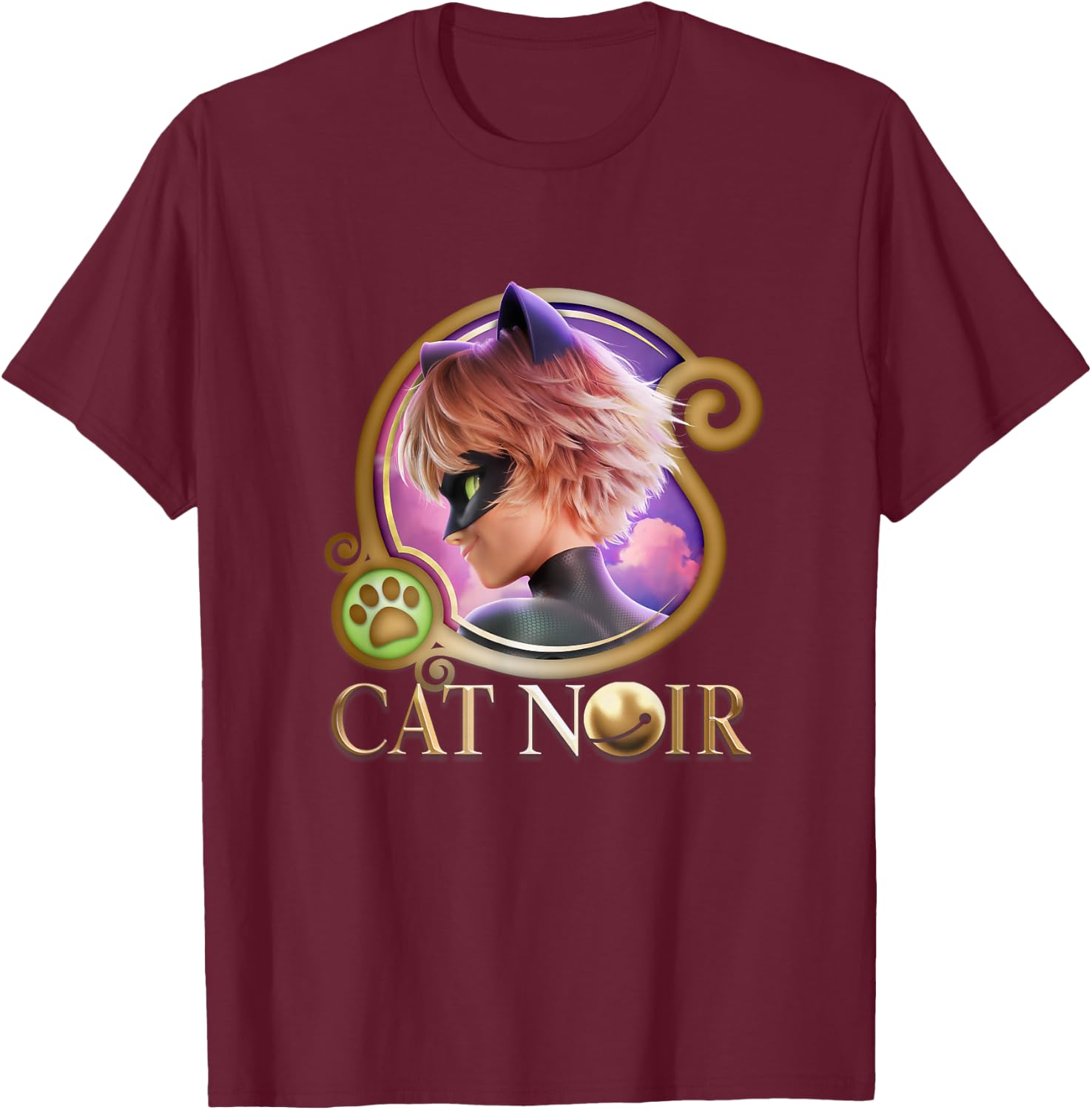 Miraculous Ladybug The Movie Cat Noir Badge Gold T-Shirt - T-Shirt | Maroon