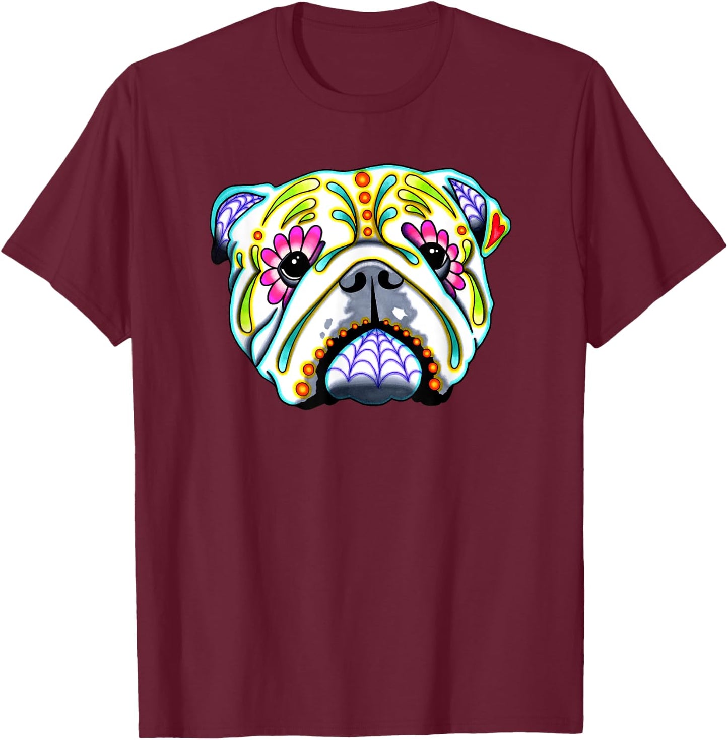 English Bulldog - Day of the Dead Sugar Skull Dog T-Shirt - T-Shirt | Maroon
