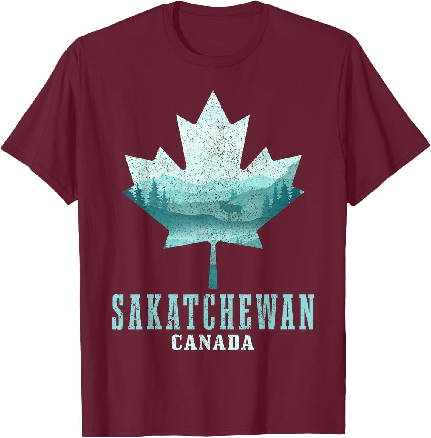 Saskatchewan Maple Leaf Moose Vintage Canada Canadian Pride T-Shirt - T-Shirt | Maroon