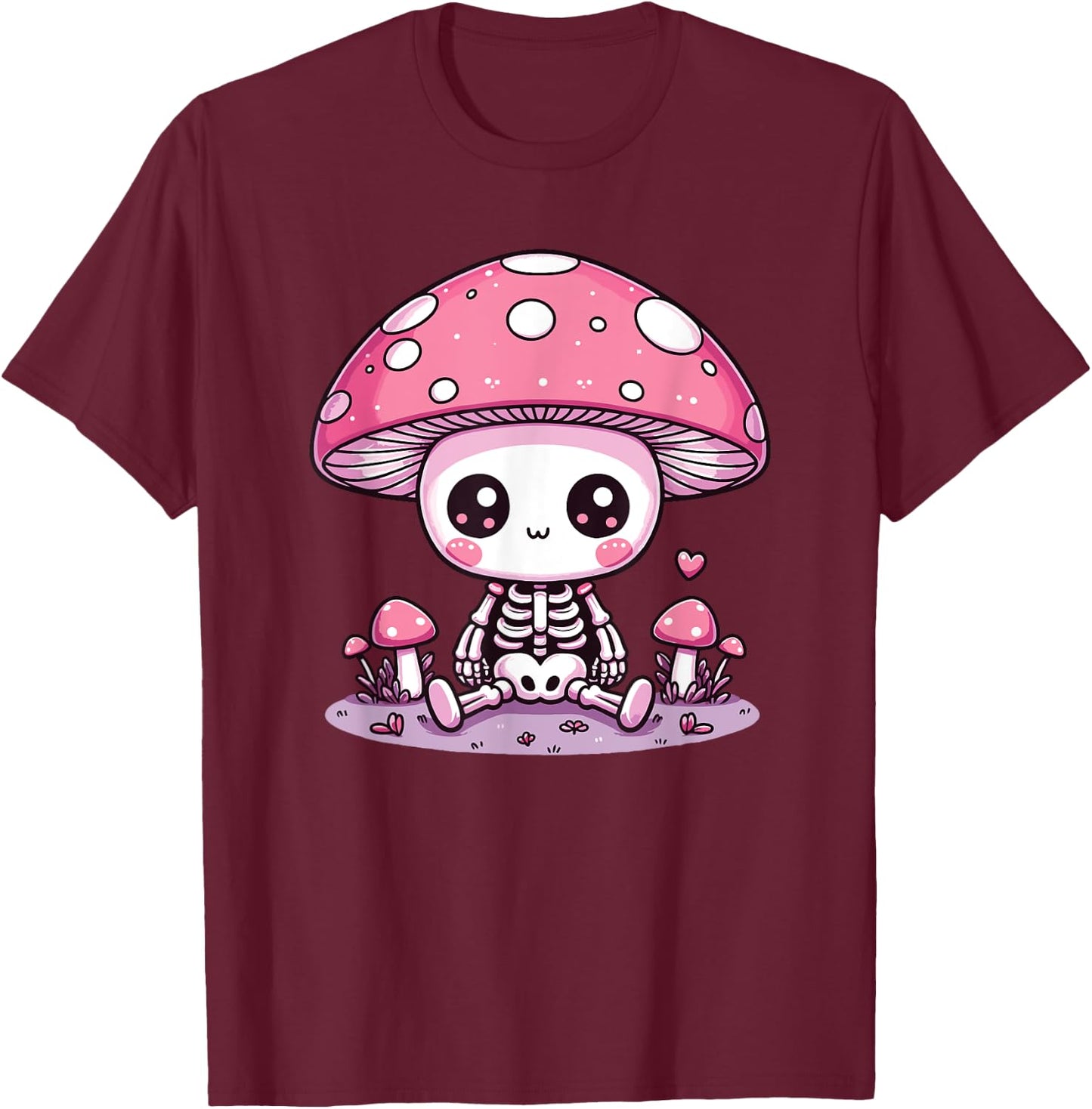 Cute Mushroom Skeleton Kawaii Spooky Skeleton T-Shirt - T-Shirt | Maroon