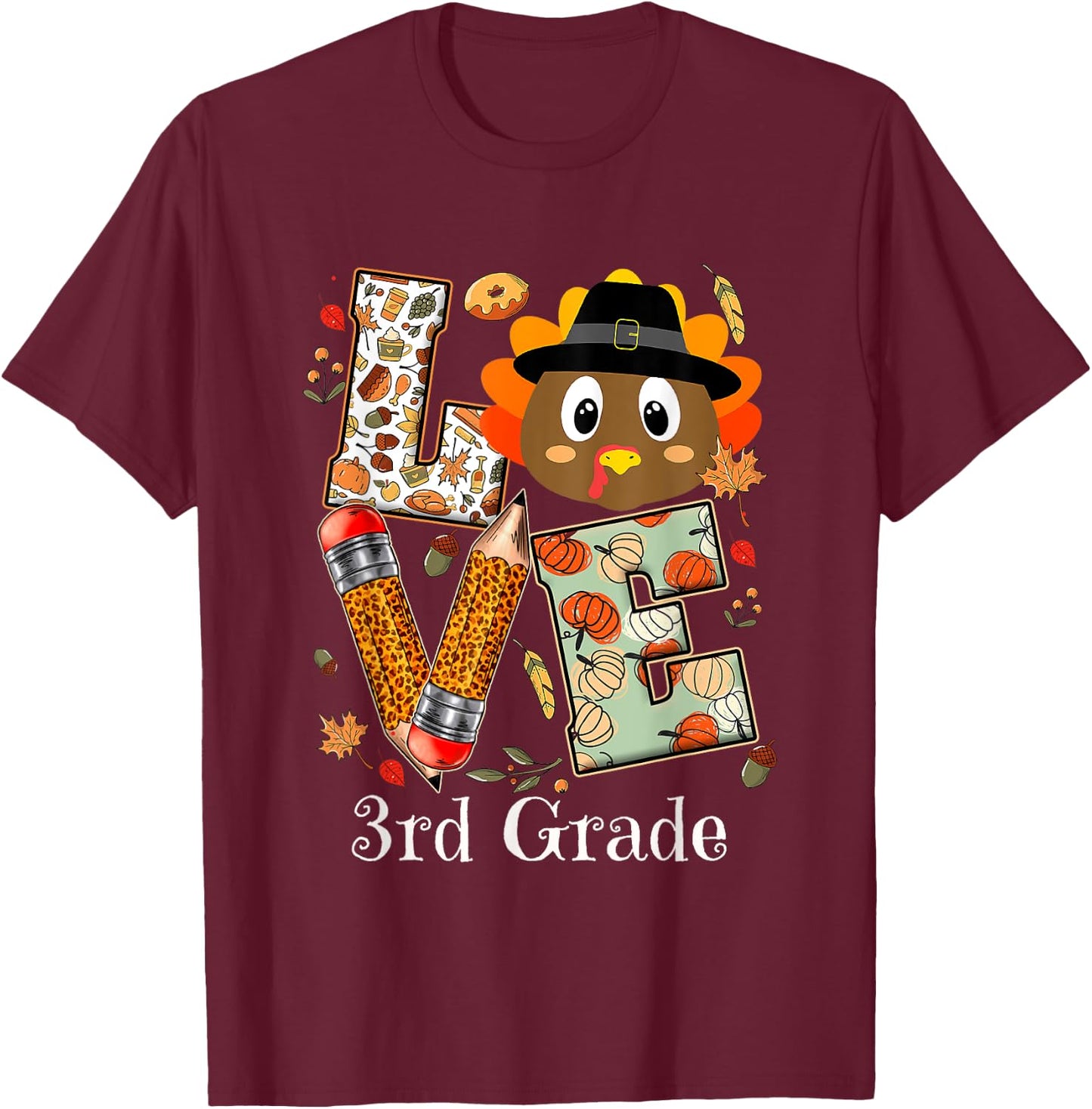 Love 3rd Grade Happy Fall Thanksgiving Women Teacher T-Shirt - T-Shirt | Maroon