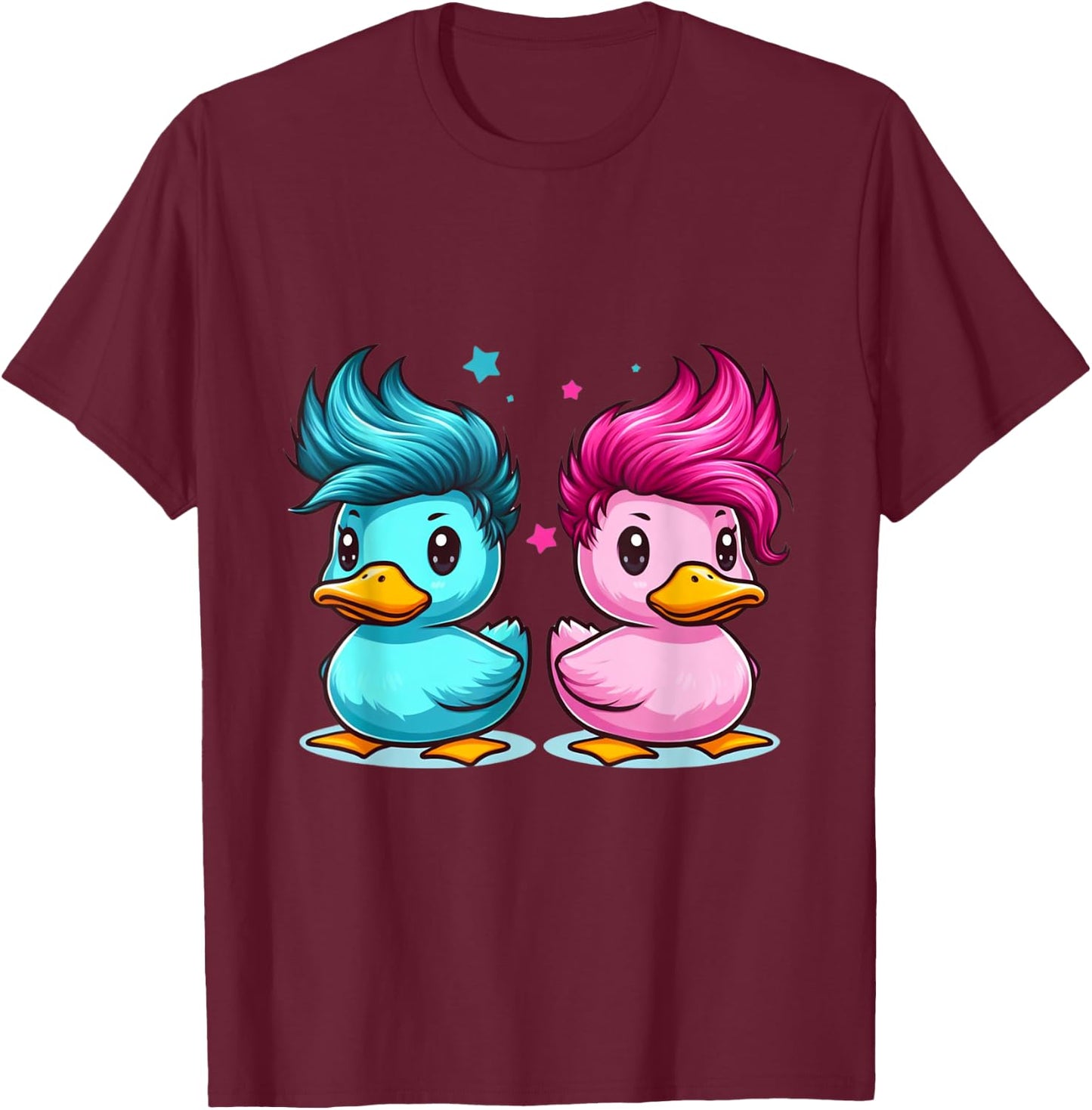 Pink and Blue Ducks with Spunky Hair Cute Style T-Shirt - T-Shirt | Maroon