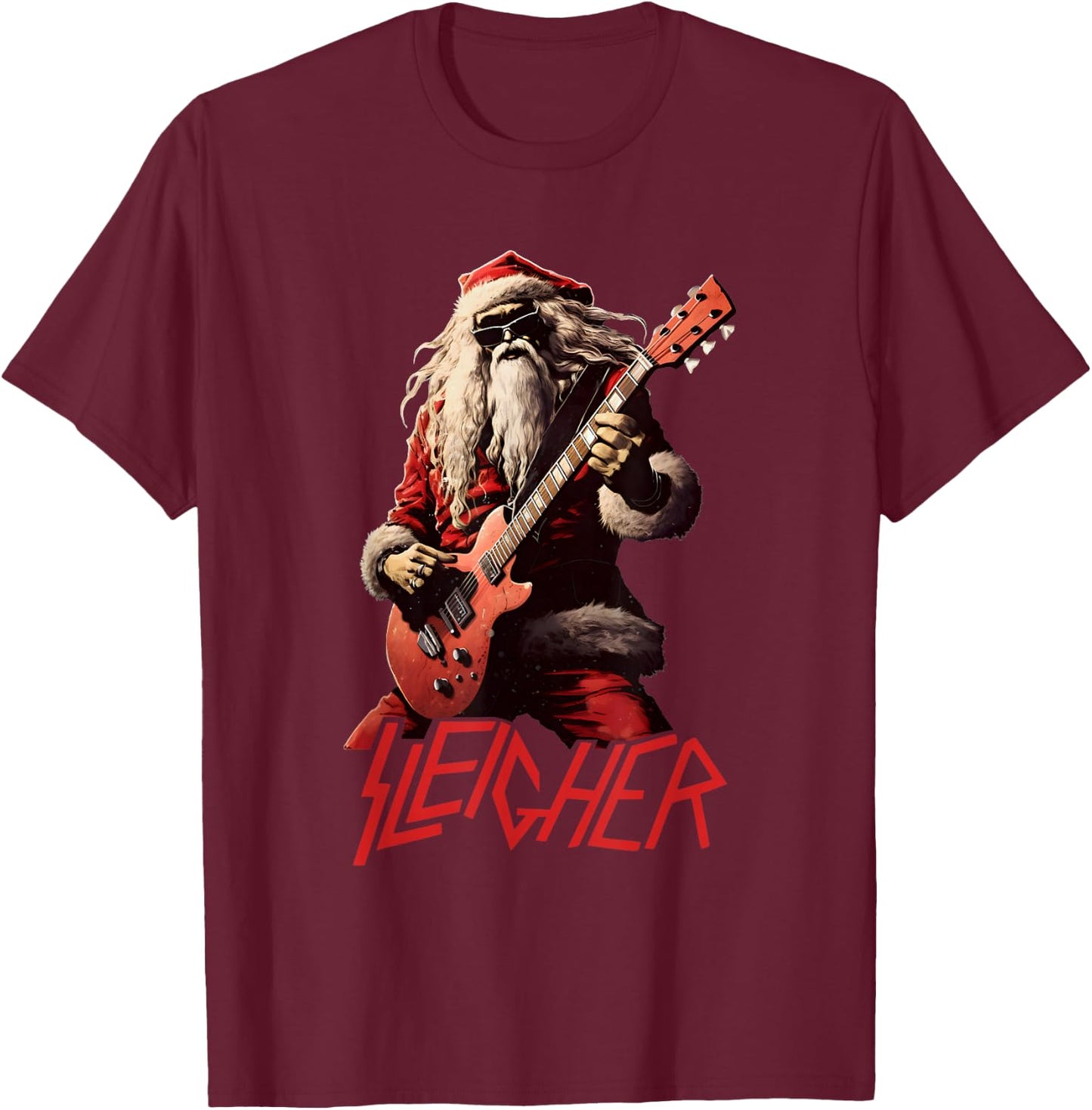 Sleigher Funny Christmas Heavy Metal Music T-Shirt - T-Shirt | Maroon