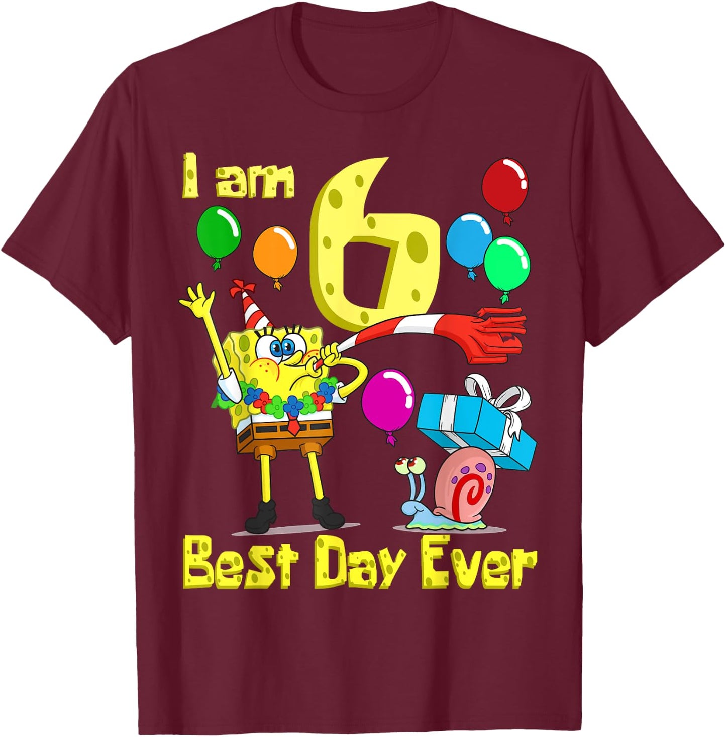 Mademark x SpongeBob SquarePants - SpongeBob I am 6 Years Old Birthday Party T-Shirt - T-Shirt | Maroon