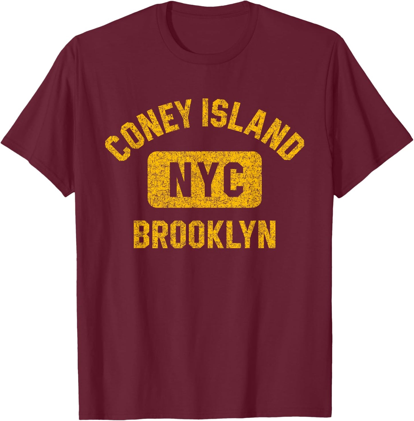 Coney Island NYC Brooklyn Gym Style Distressed Amber Print T-Shirt - T-Shirt | Maroon