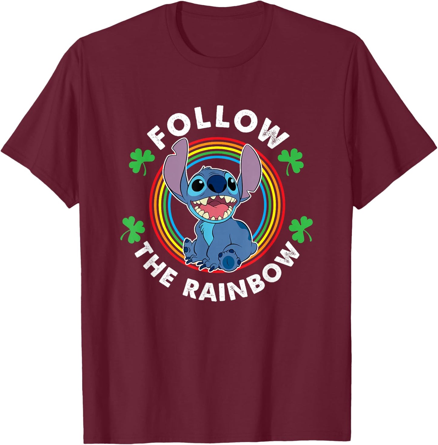 Disney Lilo & Stitch St. Patrick's Day Follow The Rainbow T-Shirt - T-Shirt | Maroon