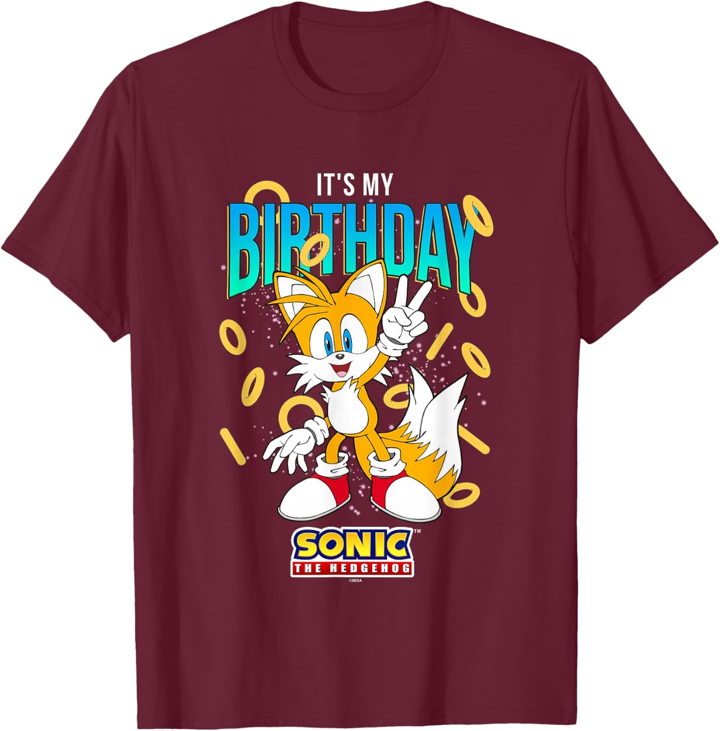 Sonic The Hedgehog Birthday It's My Birthday Tails Rings T-Shirt - T-Shirt | Maroon