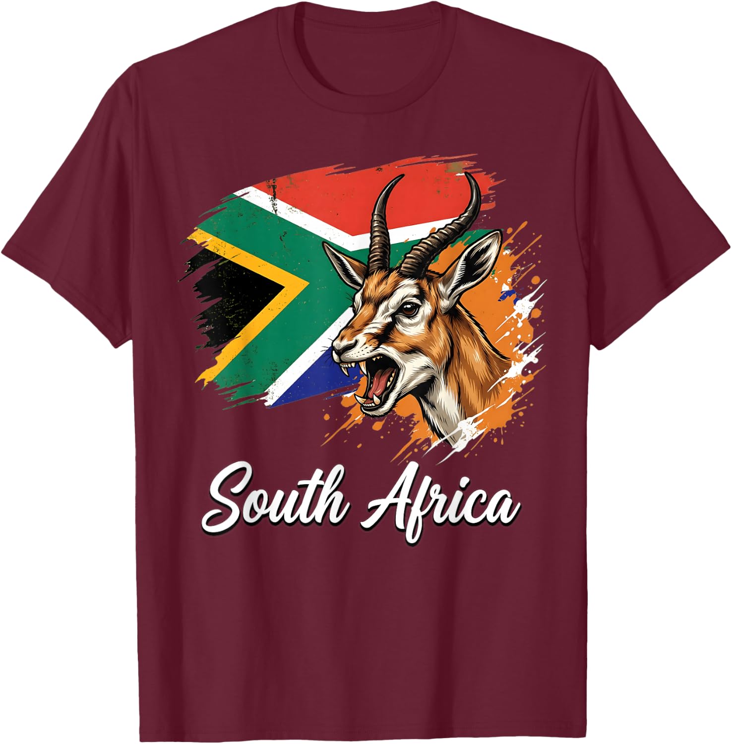 South Africa National Flag with Springbok Antelope T-Shirt - T-Shirt | Maroon