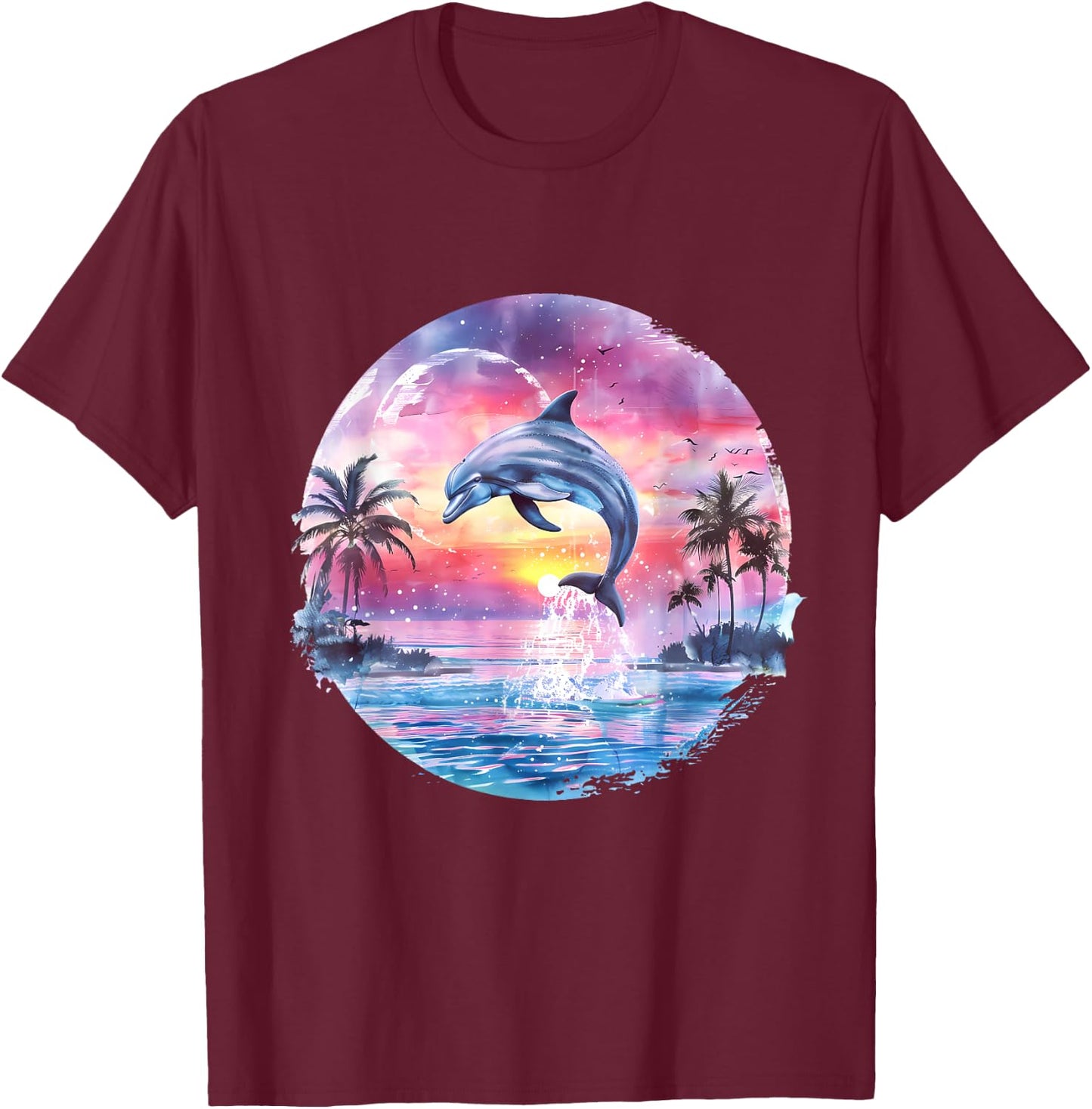 Sea Ocean Animal Art Delfin Sonnenuntergang Meer Ozean Tierliebhaber Ozean Meer Delfin Schwarz S EU 38-40 T-Shirt - T-Shirt | Maroon